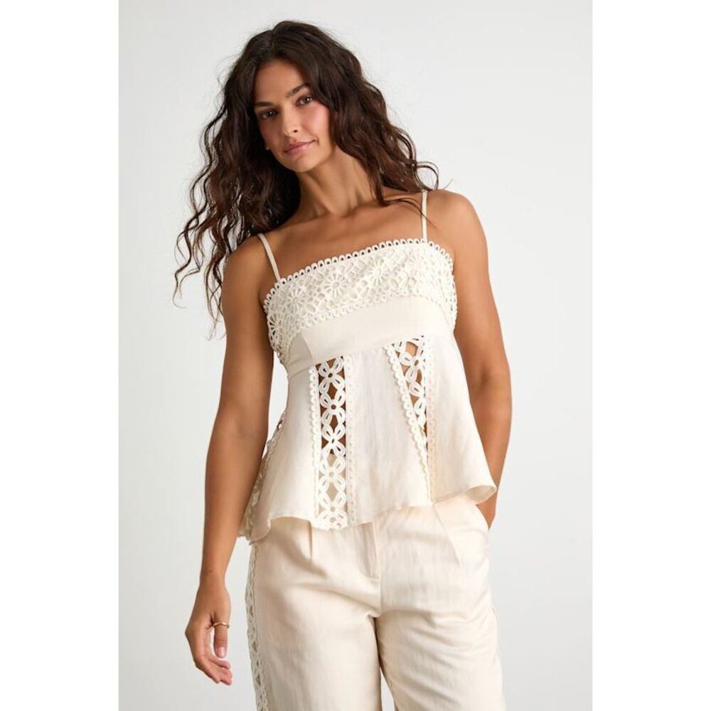 Lulus Vannah Ivory Linen Crochet Lace Tank Top White - Size S